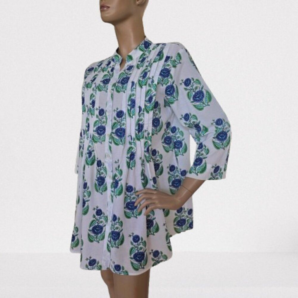 Mary Marshmallow Floral Print Tunic Dress Women Sz S Blue Green White All Cotton